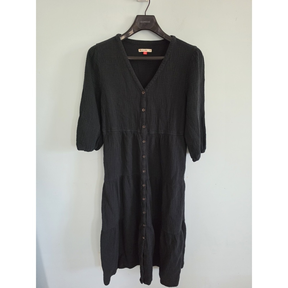 Marine Layer Willow Double Cloth Midi Boho Vacation Dress Black Large - Picture 2 of 6
